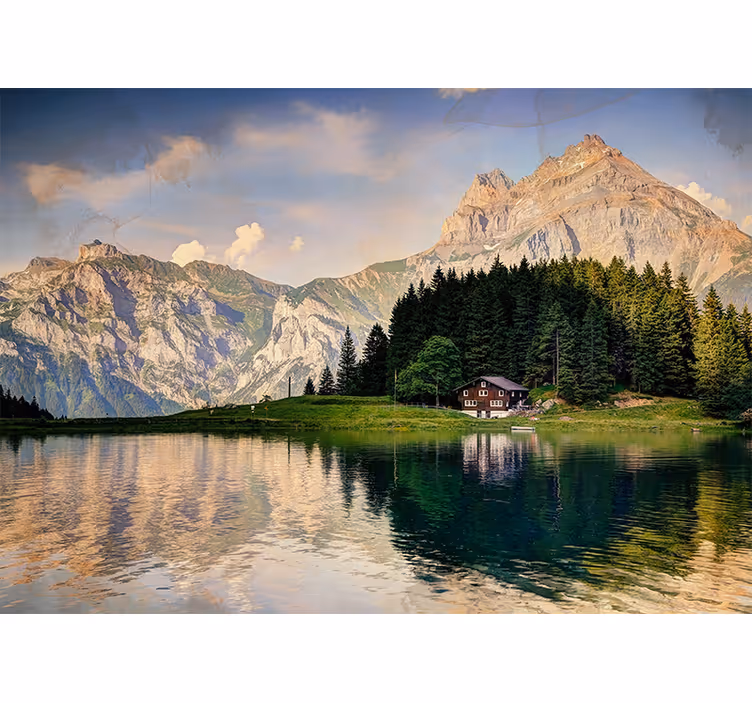 Living room blind house by the lake with mountains - TenStickers
