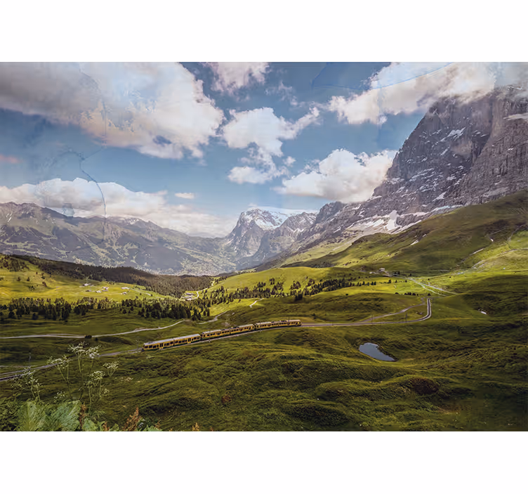 Living room blind with green fields and mountains - TenStickers