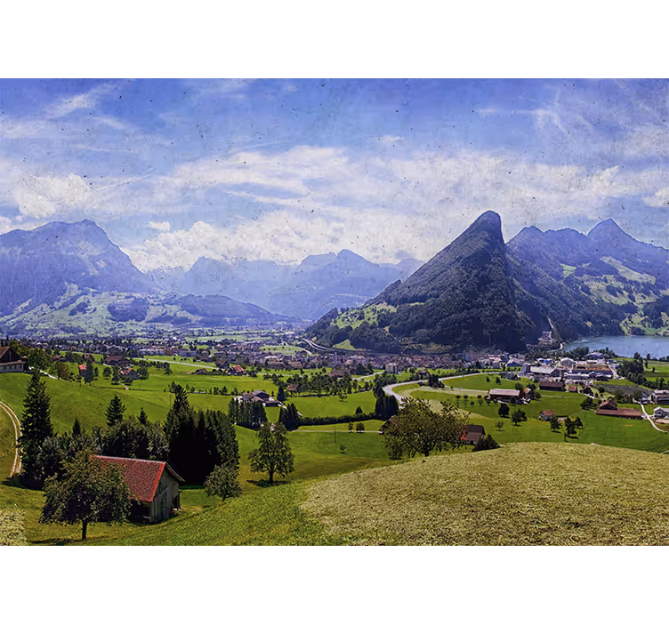 Living room blind with houses and mountains view - TenStickers