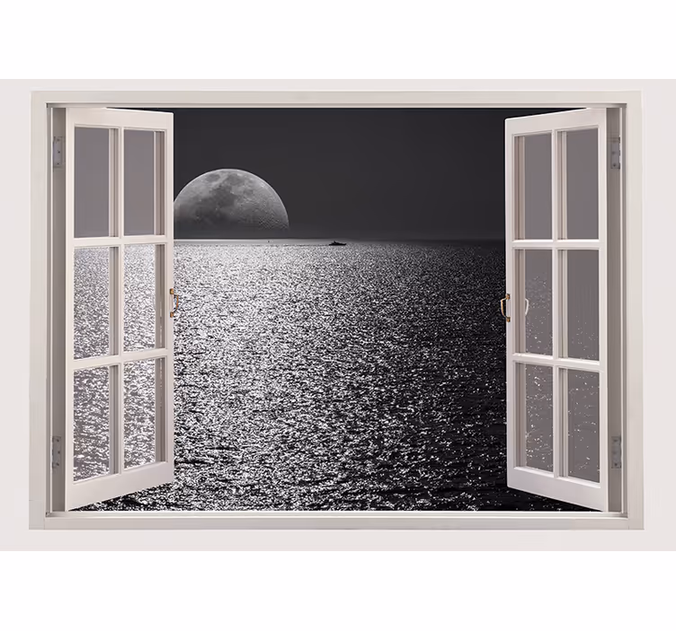Grey blind sea view from the white window - TenStickers