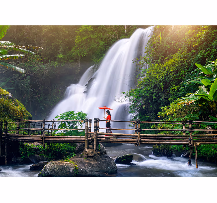 Bedroom blind wooden path over calm lake with waterfall - TenStickers