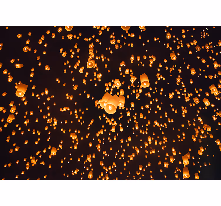Bedroom blind with flying lanterns city view - TenStickers
