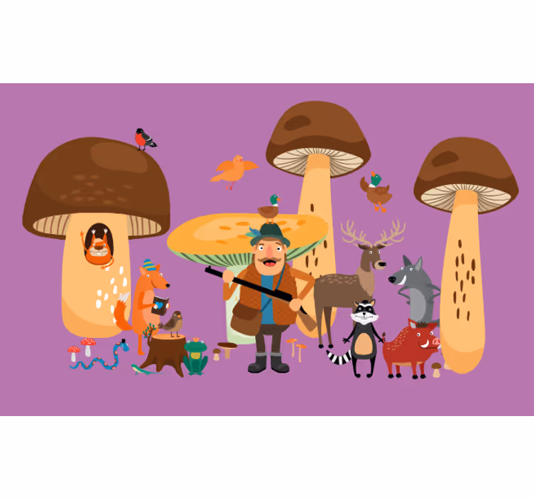 Funky roller blind birds in mushroom forest - TenStickers