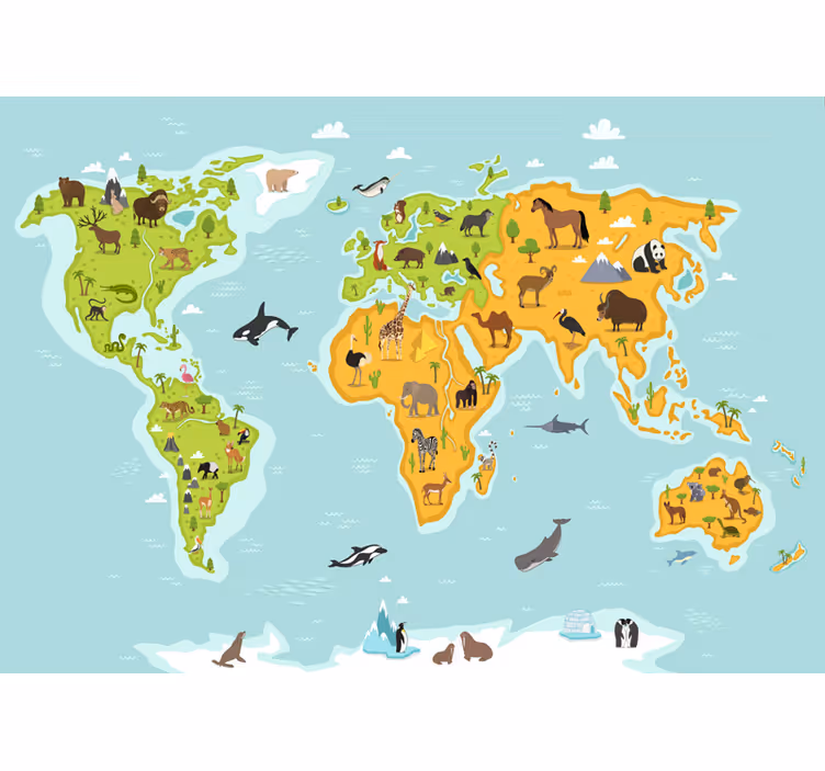 World map roller blind children's map of fauna and flora - TenStickers