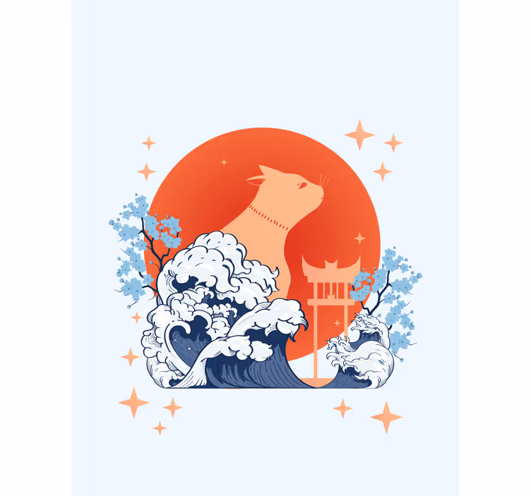 Anime cat with wave Original roller blind - TenStickers