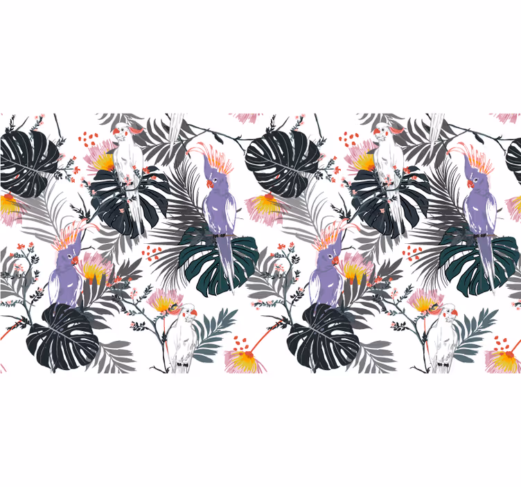 Jungle wall mural featuring red and purple parrots - TenStickers