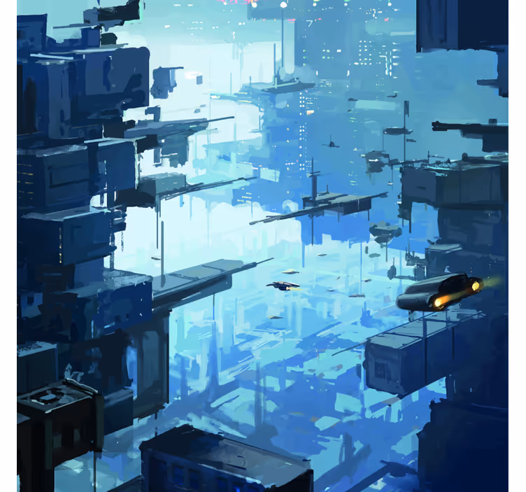Blue wall mural of a futuristic city with spaceships - TenStickers