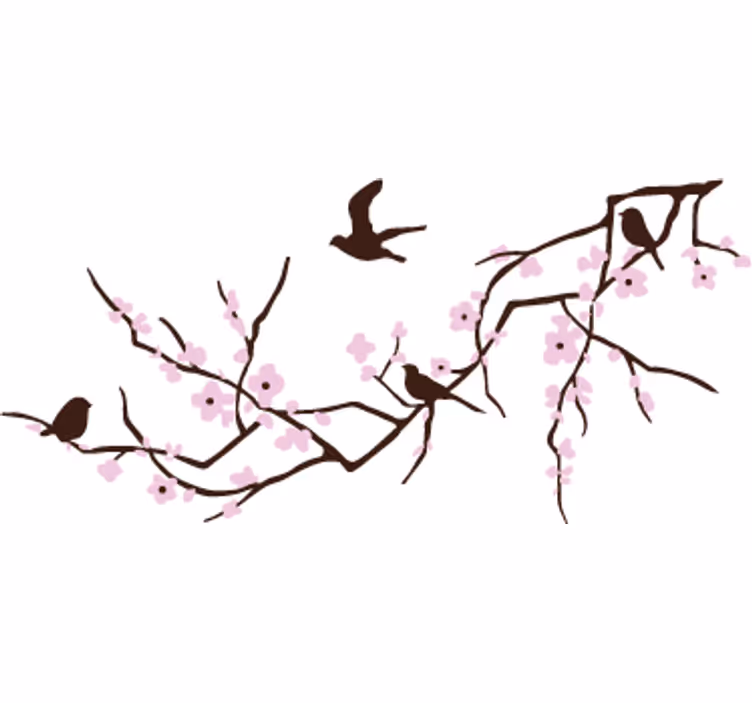 White wall mural horizontal branch and birds - TenStickers