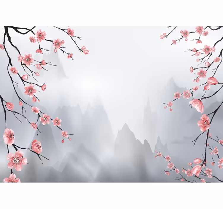 Grey wall mural cherry blossoms and mountains - TenStickers