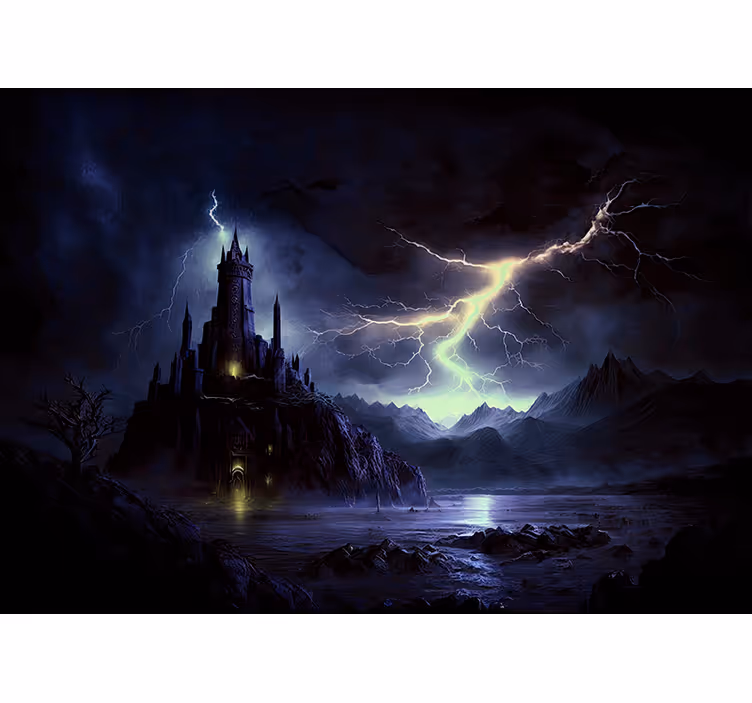 Black wall mural dark castle and storm design - TenStickers