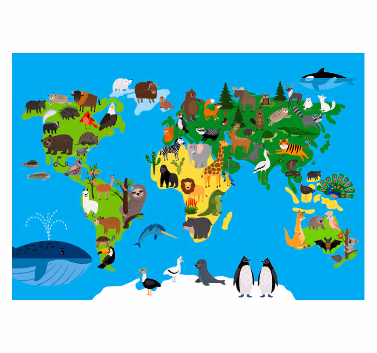 Minimalistic animals world map wall mural - TenStickers