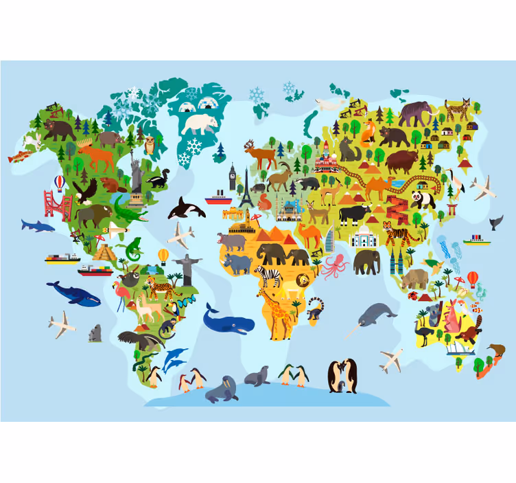 Children worldmap with monuments and animals - TenStickers