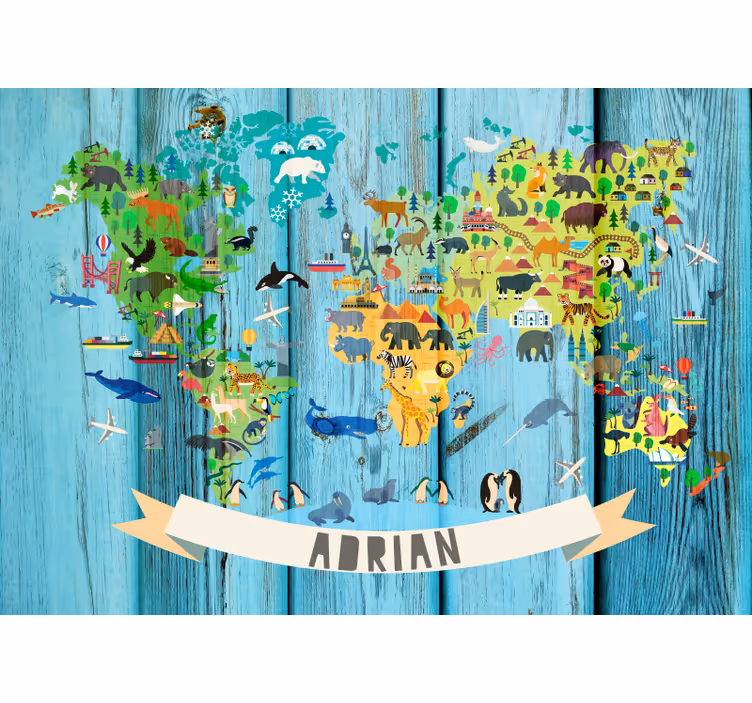 World map mural interactive animal map - TenStickers