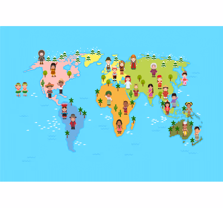 Cultural Map Characters world map mural - TenStickers