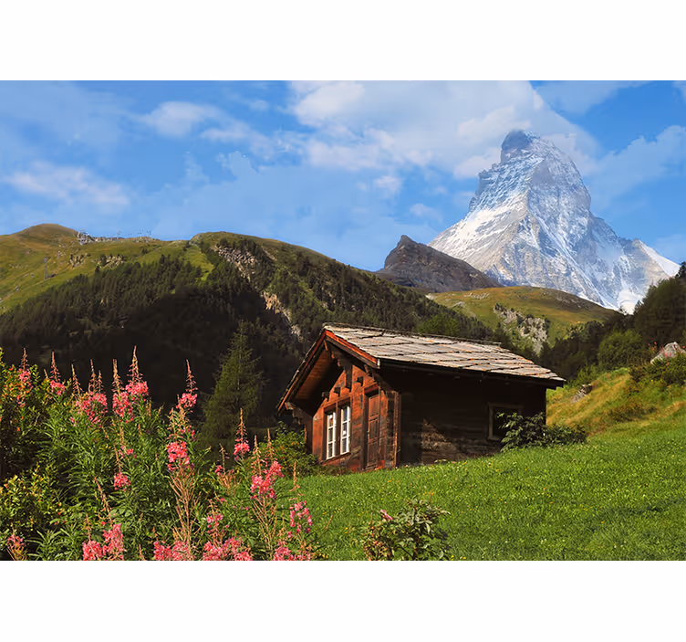 Landscape mural mountain lodge view - TenStickers