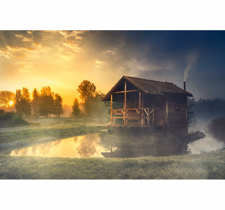 Landscape mural serene cabin sunset - TenStickers