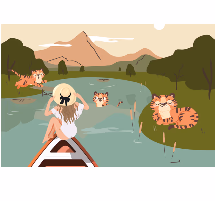 Girl and tigers jungle animals Kids wall Murals - TenStickers