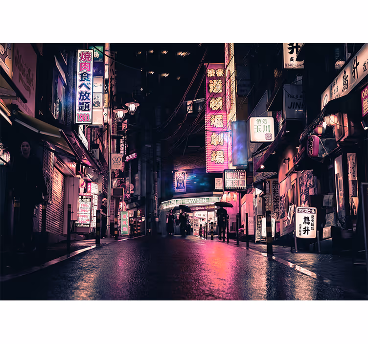 City wall mural neon street scene - TenStickers