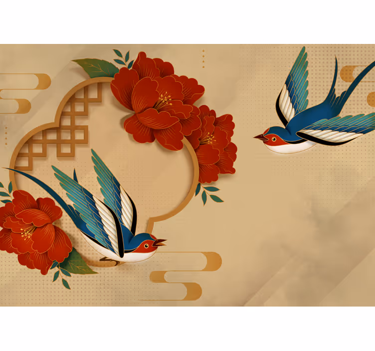 Flower mural swallow and blossoms - TenStickers
