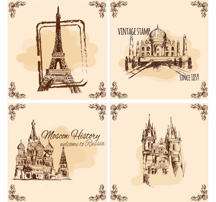 Vintage coasters with historic landmark designs - TenStickers