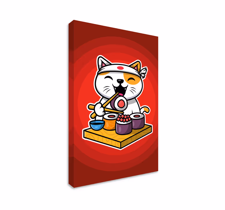 Cat wall art of a cute cat enjoying sushi - TenStickers