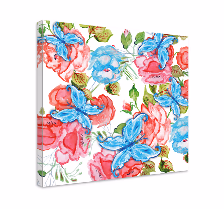 Pink flowers and butterfly canvas wall art - TenStickers