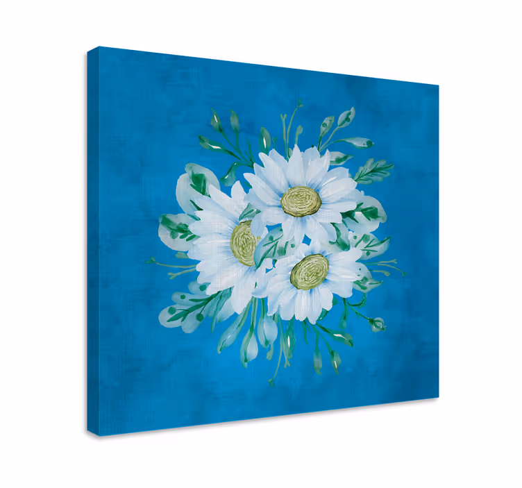 White flowers on blue background flower canvas - TenStickers