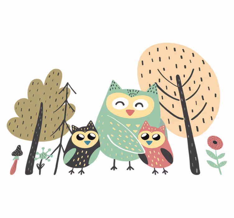 Animal mat with colorful owls in tree design - TenStickers