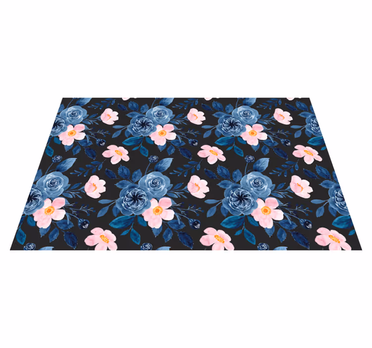 Floral rug with blue and pink design on black - TenStickers