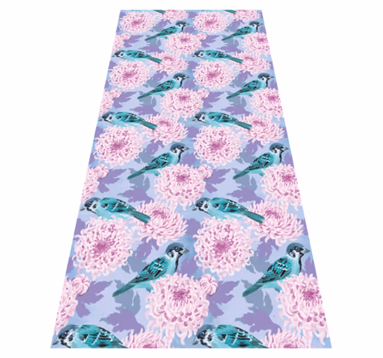 Floral rug featuring pink garden flowers with birds - TenStickers