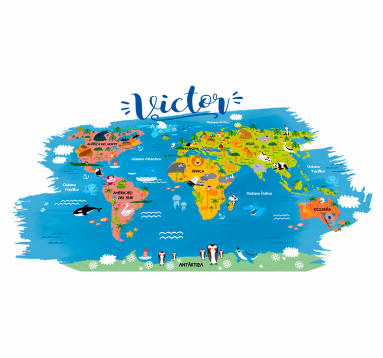 Map rug world map with animal names in spanish - TenStickers