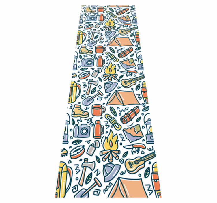 Bedroom carpet with hand-drawn mountains and camping gear - TenStickers