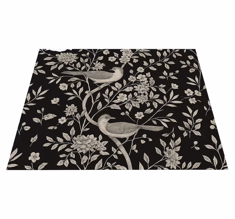 Bedroom carpet with grey tree, flowers, and birds - TenStickers