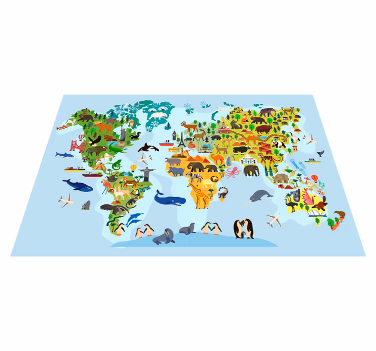 Map rug children’s world map with monuments and animals - TenStickers
