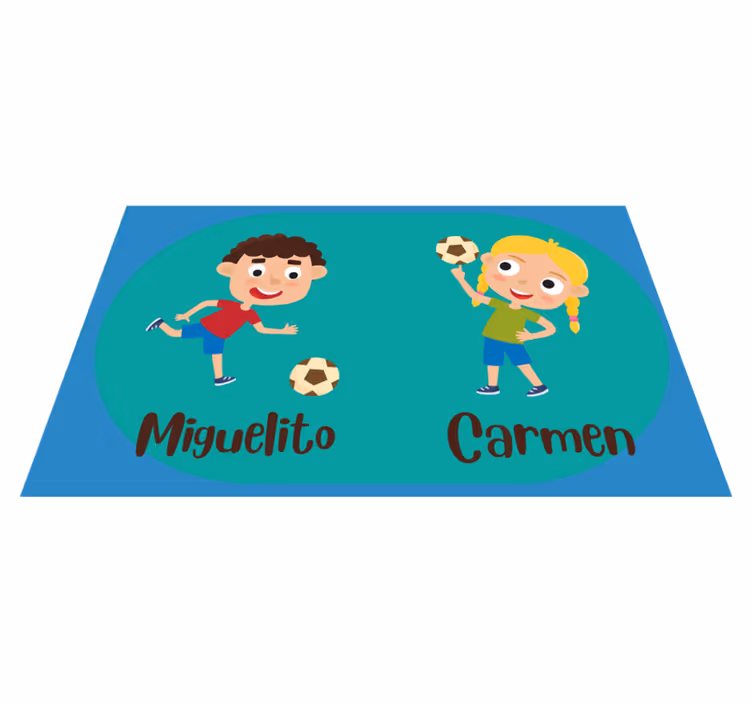 Children engaging in football with name kids rug - TenStickers