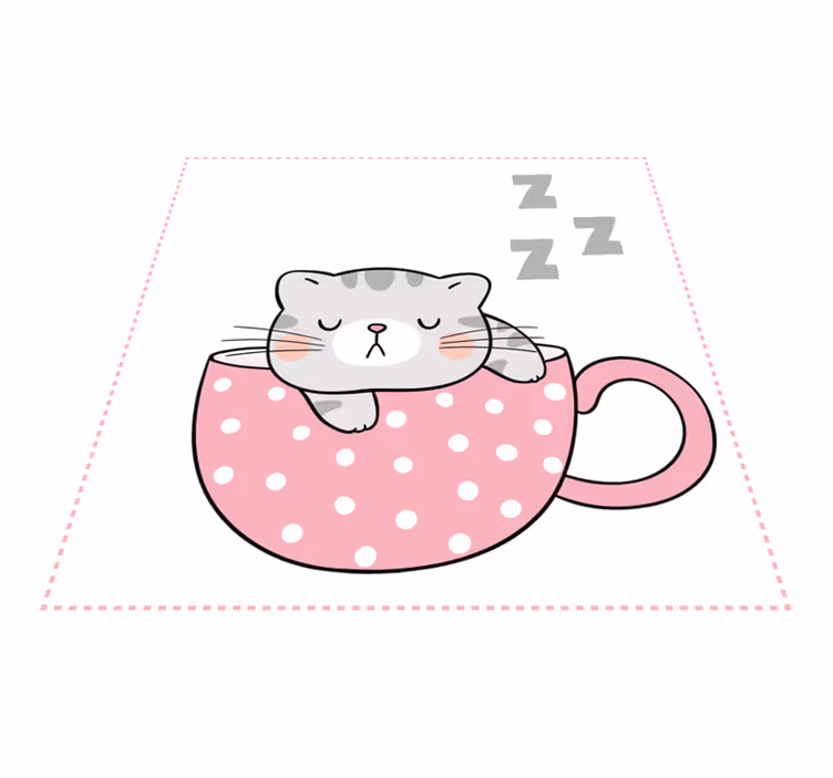 Cute cat sleeping on cup coffee cartoon rug - TenStickers