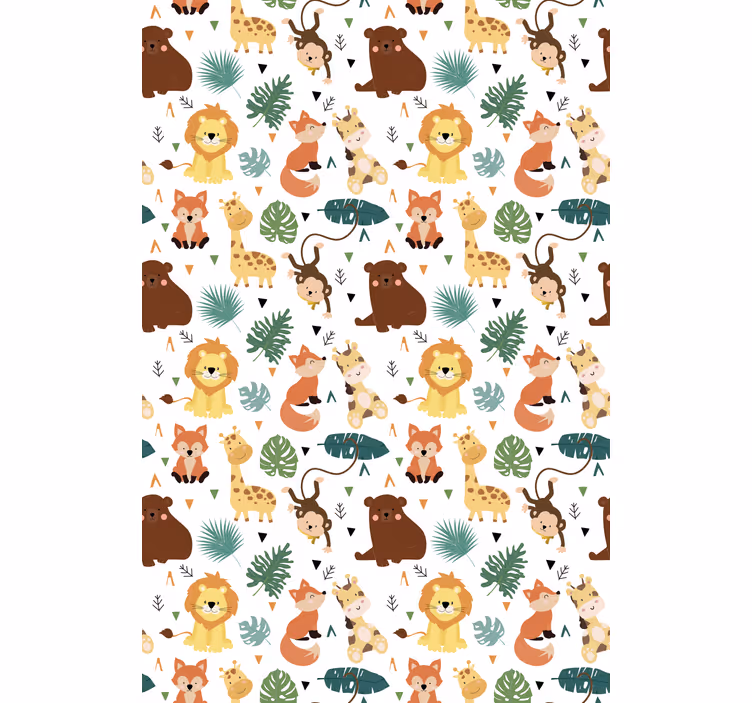 Kids wallpaper featuring adorable wild animals and leaves - TenStickers