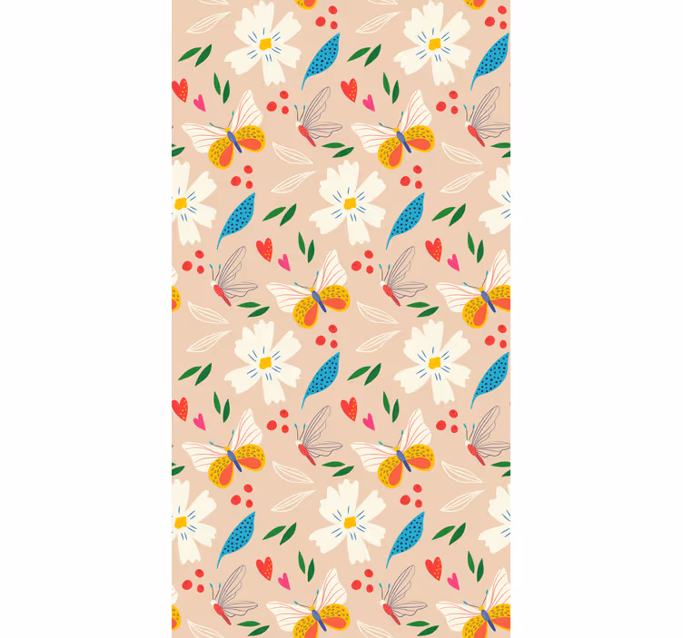 Butterfly wallpaper in floral design on beige background - TenStickers