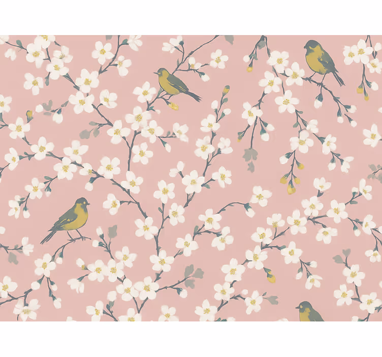 Flower wallpaper pink orchard birds design - TenStickers