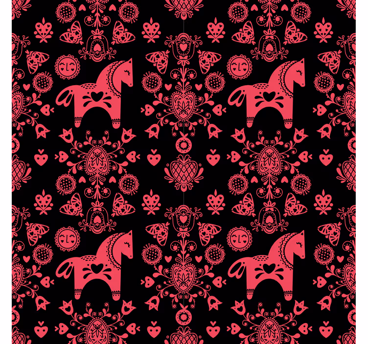 Ornamental flower wallpaper with folkloric horse design - TenStickers