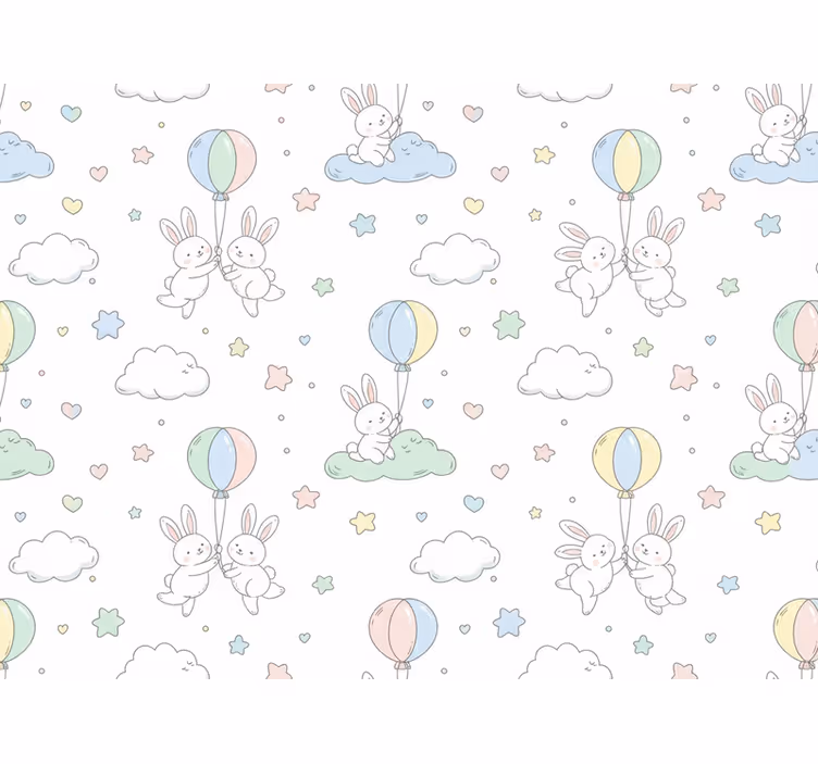 Kids wallpaper with rabbits and balloons - TenStickers