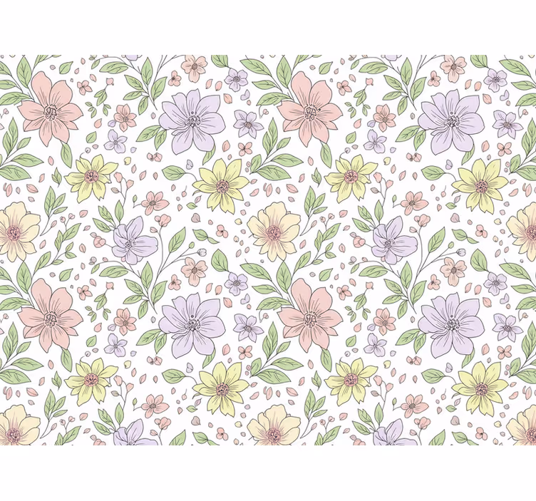 Leaf wallpaper in soft colors with flowers - TenStickers
