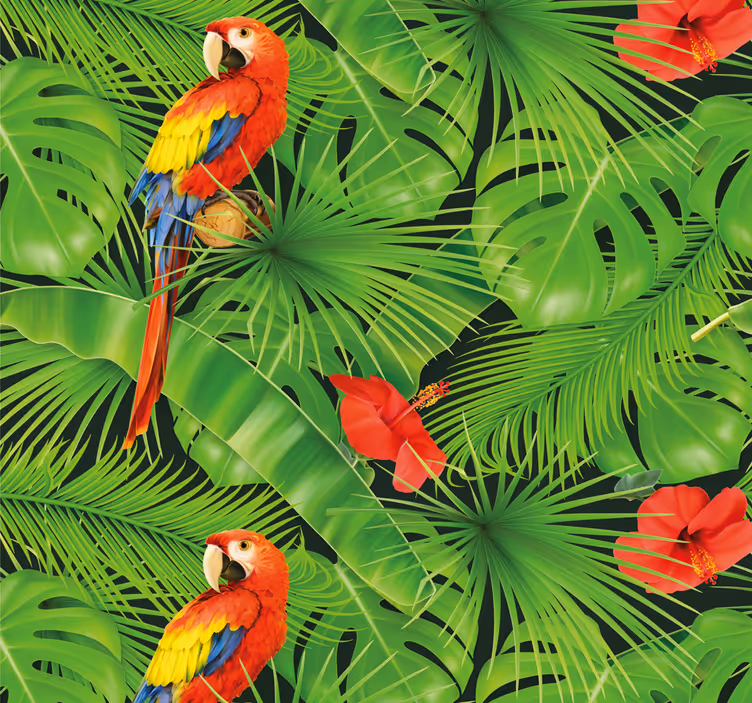 Colorful parrots on green leaves wallpaper - TenStickers