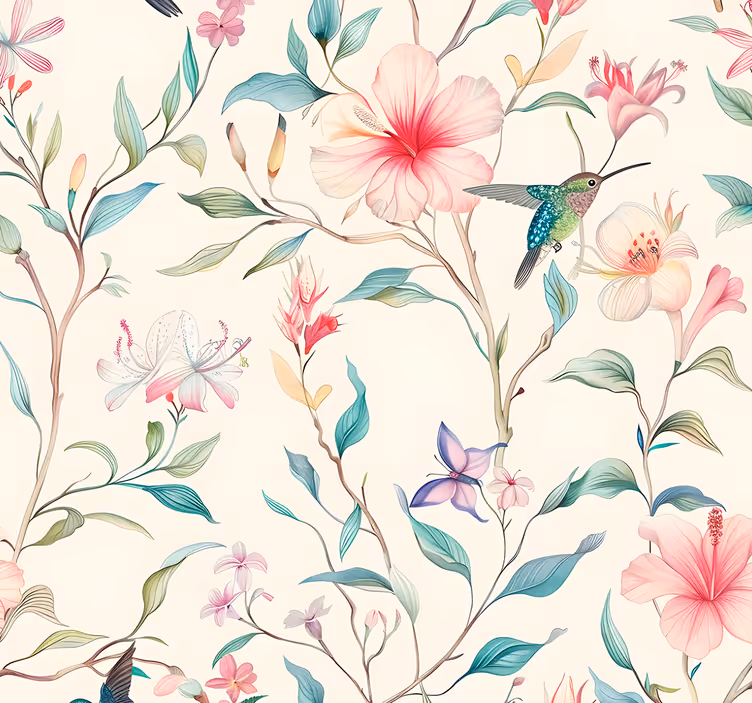 Flowers and hummingbirds pattern ornamental flower wallpaper - TenStickers