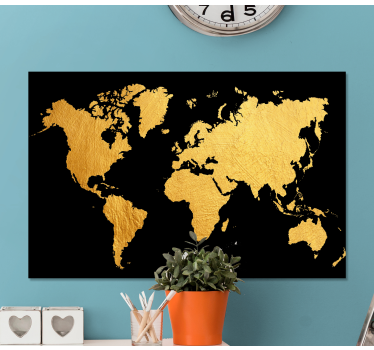 Black and Gold  world map canvas. Black background with gold metallic dust world map motif. Immediate shipping! Enjoy the look.