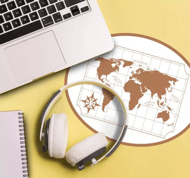 World map mouse pad featuring compass design - TenStickers