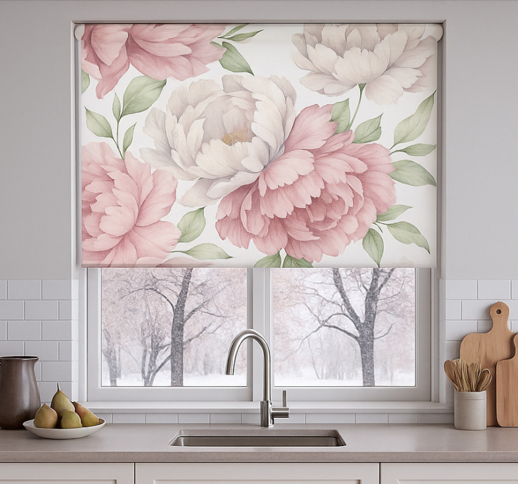 Blushing peony print kitchen blind - TenStickers
