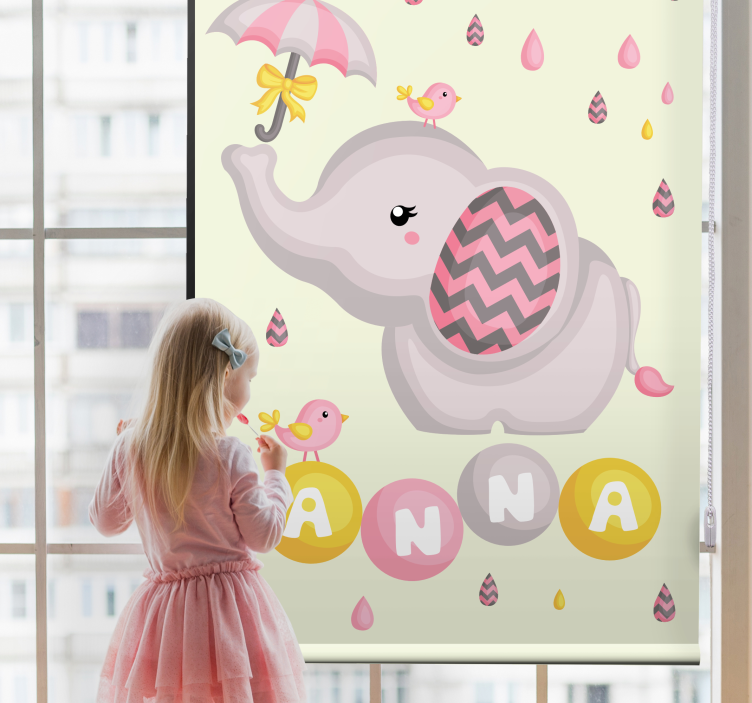 Baby elephant with name and umbrella childrens blind - TenStickers