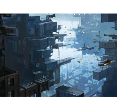 Living room blind futuristic city with spaceships - TenStickers