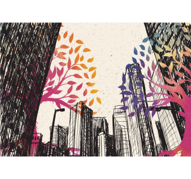 Living room blind with seasonal trees and skyscrapers - TenStickers